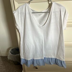 Loft White and Blue Ruffle Hem Top